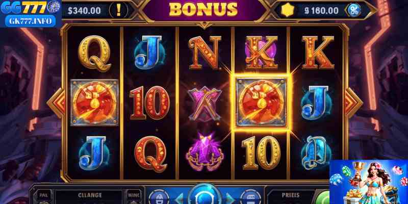 This image demonstrates a modern slot machine games interface with animated reels, bonus icons, and digital balance display