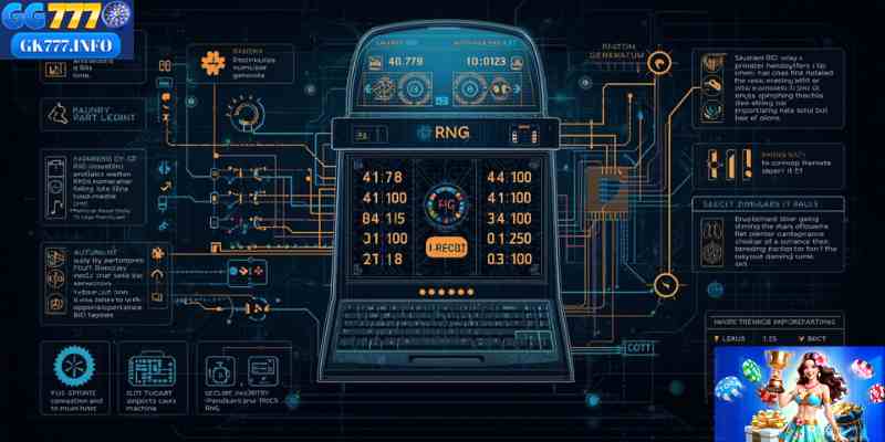 This image illustrates the technology behind slot machine games, including RNG systems and secure digital infrastructure